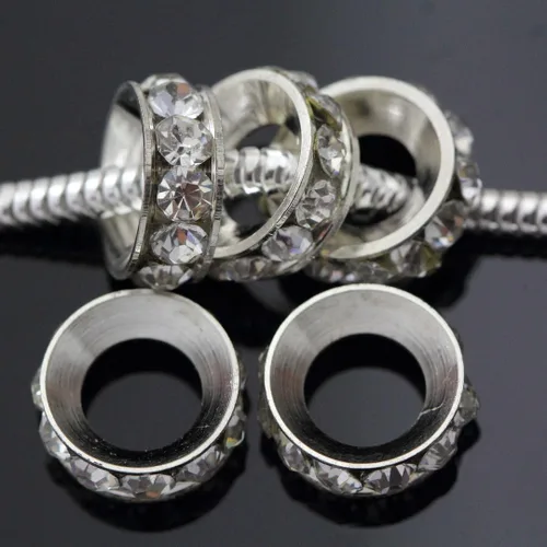 Miniatura 3 de 50 cuentas sueltas de diamantes de imitación de cristal de grado A de Adabele de 0.315 pulgadas (agujero grande de 0.138 pulgadas) chapadas en plata