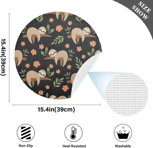 Miniatura 4 de Cute Sloths Black Round Placemat, Washable Heat Protecting Placemats for Kitchen one sizex4