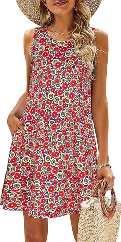 SimpleFun - Vestidos de verano para mujer, camiseta floral, vestido de playa de estilo bohemio, informal, con bolsillos y sin mangas