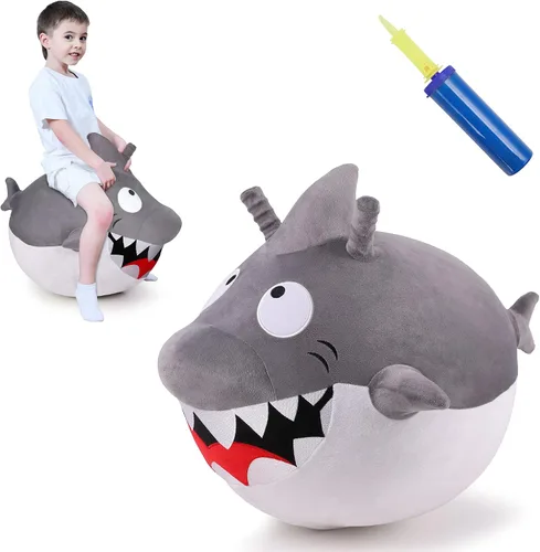 iPlay, iLearn Bouncy Pals Pelota Saltarina de Tiburón Blanco para Niños, Juguete de Montar y Rebotar para Niños Pequeños, Juguete de Animal Saltarín
