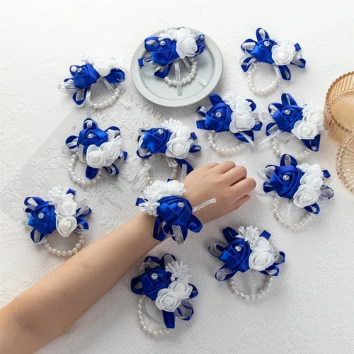 Miniatura 5 de 12 unids/lote mujeres novia novia dama de honor muñeca ramillete seda rosa perlas niñas boda mano flores decoración fiesta (verde)