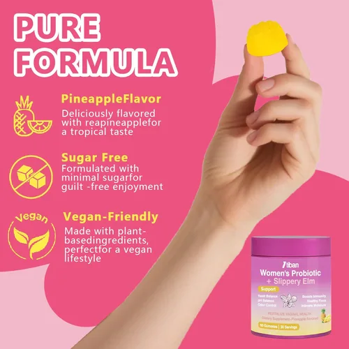 Miniatura 5 de Gomitas de probióticos vaginales femeninos, apoyan el equilibrio del pH y la salud digestiva, olmo resbaladizo para mujeres, sin suagr, veagn, sabor