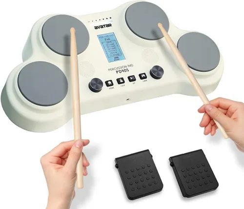 Miniatura 5 de PD405 Juego de batería eléctrica de mesa, con 163 sonidos de percusión, 4 almohadillas sensibles a la velocidad, 2 pedales y baquetas, regalo