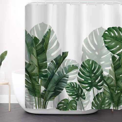 Miniatura 10 de Baccessor Cortina de ducha de lino con hojas verdes tropicales, cortinas de ducha botánicas de plátano, hoja de Monstera, palmera, repelente al Hoja