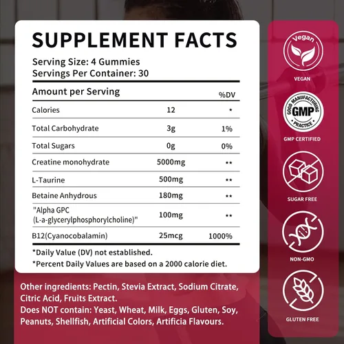 Miniatura 7 de Gomitas de monohidrato de creatina de 5000 mg para hombres y mujeres, suplemento de preentrenamiento sin azúcar, masticables para fuerza muscular