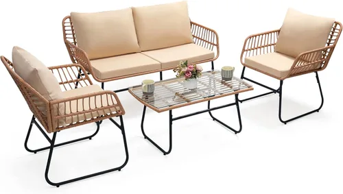 Miniatura 7 de Kromax Juego de 4 muebles de patio estilo bistró para exteriores, sofá de mimbre, 2 sillas de ratán y mesa, juego de conversación para el patio