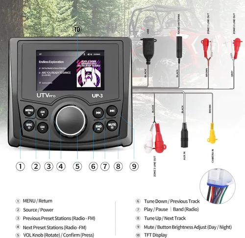 Miniatura 3 de Powersports UTV Stereo AM/FM con Bluetooth Streaming 3 zonas, compatible con cámara de visión trasera, interruptor amplificador externo