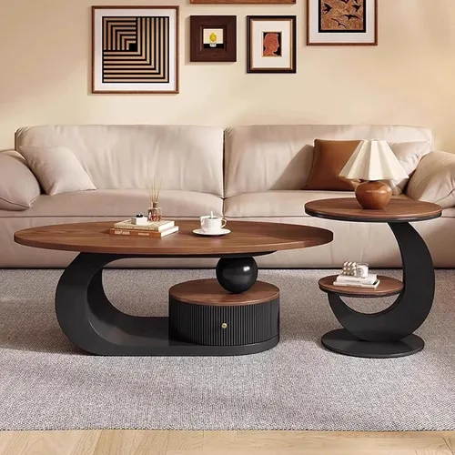 Miniatura 7 de Juego de mesa de centro ovalada moderna de 2 piezas, mesas de centro anidables con almacenamiento, mesa auxiliar con marco de metal, mesa de centro