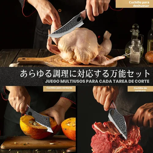 Miniatura 5 de Huusk Juego de 3 cuchillos de carnicero japoneses para cortar carne, juegos de cuchillos vikingos forjados a mano con cuchillo de carne