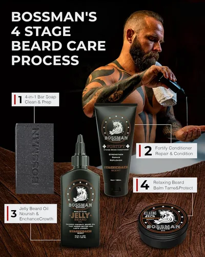 Miniatura 8 de Bálsamo relajante para barba Bossman para hombres (aroma Stagecoach) – Controla, relaja, engruesa y suaviza para el cuidado óptimo de la barba
