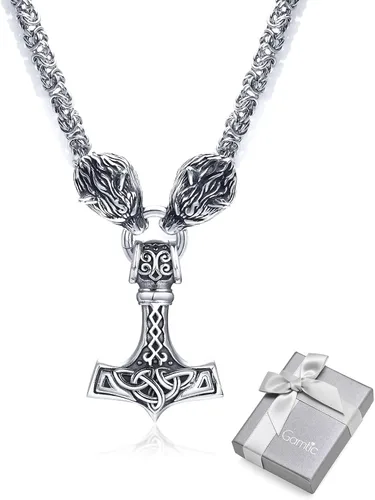 Viking Necklace for Men - Norse Jewelry with Solid Mjolnir Fensilir Heads Viking Amulet Stainless Steel 6 mm Hefty King Chain Thors Hammer Wolf Head