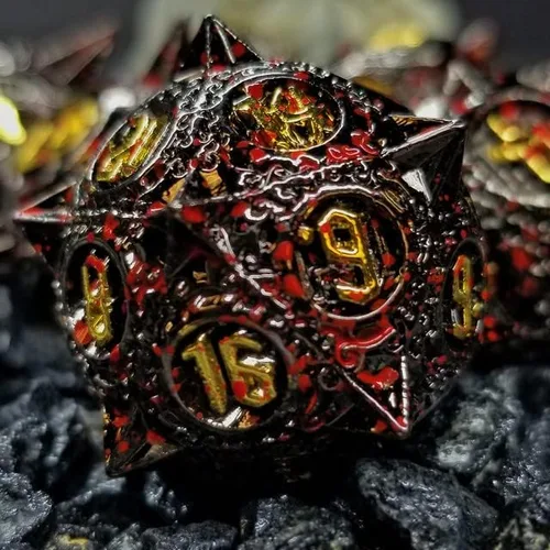 Sage's Portal Enchanted Morning Stars - Juego de 7 dados poliédricos de metal con pinchos para Dungeons and Dragons TTRPG Pathfinder Negro/Oro/Sangre