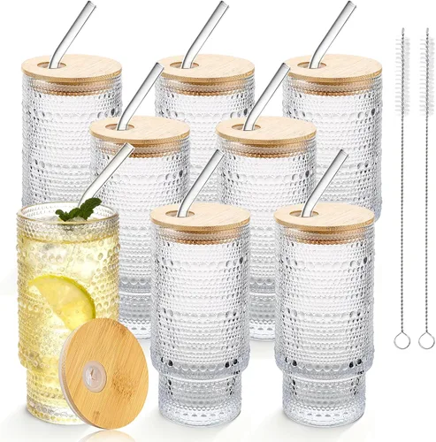 Miniatura 12 de Vasos de vidrio vintage con tapas y pajitas de bambú de 16 onzas, vaso vintage en relieve floral tazas de vidrio para whisky, cerveza, tazas de café