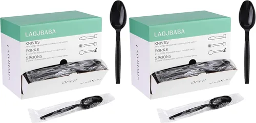 Cucharas de plástico desechables empaquetadas individualmente, color negro, 7 pulgadas, para llevar comercial, masa súper dura, pesada envuelta