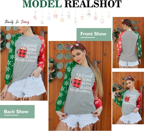 Miniatura 4 de Anbech Merry Christmas Trees Graphic Shirt Women Funny Car Graphic Xmas Top Long Sleeve Vacation Pullover