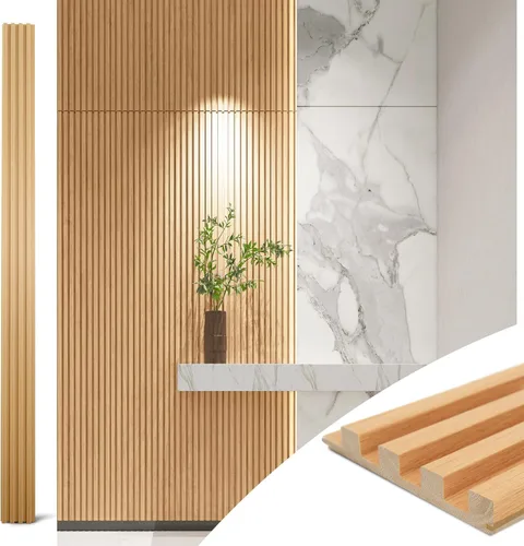 Art3d Paneles de pared de madera de listones para decoración de interiores y techos, paquete de 4 piezas + 1 moldura final, tamaño 108 x 5.7 Roble