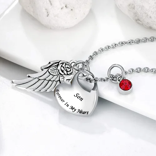 Miniatura 4 de Collar de urna de cremación de doble corazón viene con ala de ángel y 12 piedras natales para cenizas, colgante conmemorativo, Forever in My Heart