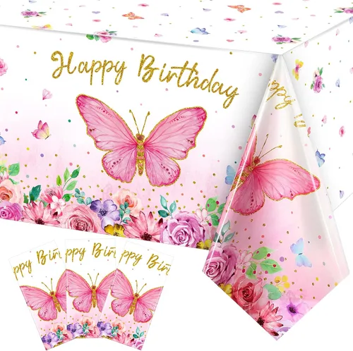 Miniatura 7 de Tegeme Mantel rectangular con diseño de mariposas y feliz cumpleaños, decoración de fiesta de mariposa, mantel de plástico con temática de primavera