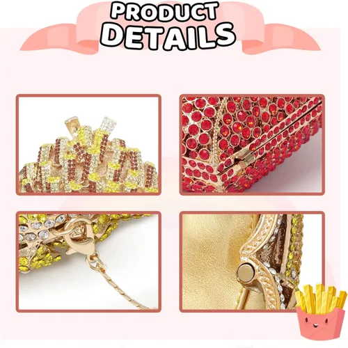 Miniatura 5 de KUANG! Bolso de hombro en forma de papas fritas con diamantes de imitación, bolso de mano de cristal para mujer, bolso de noche brillante para fiesta
