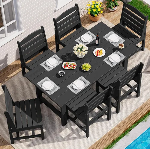 Miniatura 32 de SERWALL Juego de Mesa de Comedor de HDPE para Exteriores, Juego de 7 Piezas de Mesa de Comedor al Aire Libre con Mesa con Corte para Agujero de Gris
