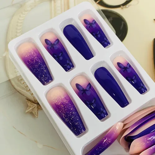 Miniatura 5 de Uñas postizas de bailarina moradas de larga duración, 24 uñas postizas reutilizables de cobertura completa con pestañas adhesivas, uñas postizas