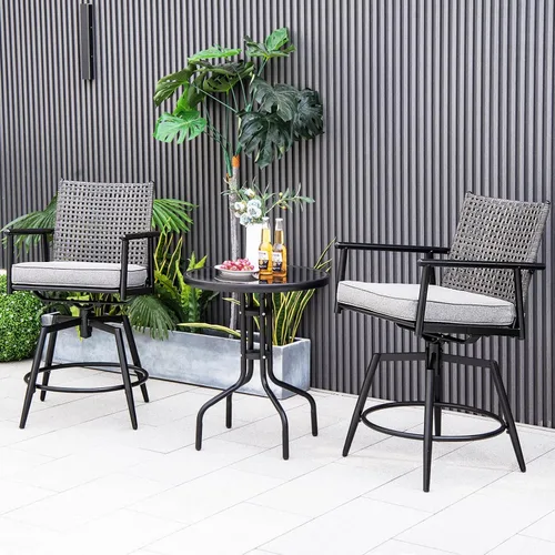 Miniatura 3 de Tangkula Juego de 2 taburetes de bar giratorios para patio, sillas de bar de altura de mostrador para exteriores con respaldo de ratán de Negro