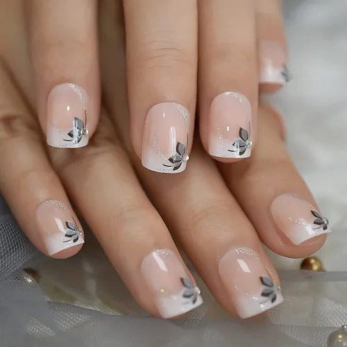 Miniatura 4 de Coolnail Uñas acrílicas clásicas a presión con flores cortas, uñas cuadradas de diseño natural, uñas postizas con purpurina para uso diario
