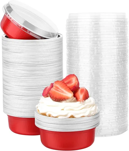 Miniatura 55 de Beasea Ramequines con tapas, 8oz 50 unidades de tazas de aluminio desechables para hornear, tazas de papel de aluminio plateado para creme brulee