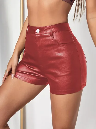 Miniatura 4 de MakeMeChic Pantalones cortos de mezclilla ajustados elásticos con aspecto de cuero de cintura alta para mujer