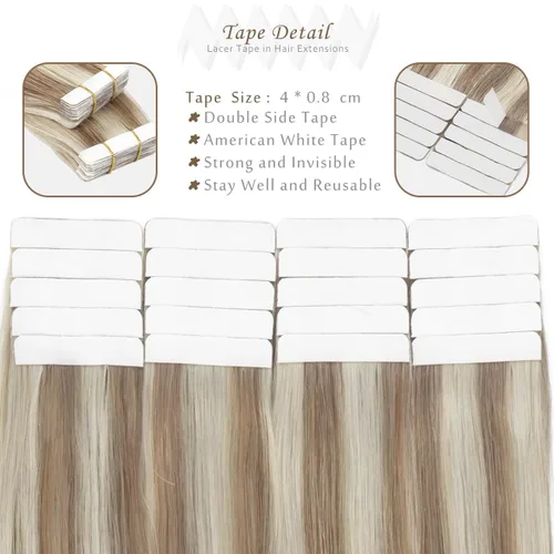 Miniatura 3 de Lacer Extensiones de cabello humano con cinta, extensiones de cabello humano con pegamento, color #6 castaño medio a #60A rubio platino Remy lacio
