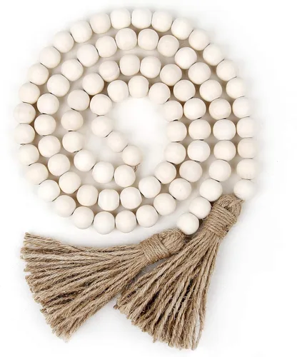 Miniatura 9 de Guirnalda de cuentas de madera de 58 pulgadas con borlas, decoración rústica de granja, decoración de oración bohemia para colgar en la pared (gris)