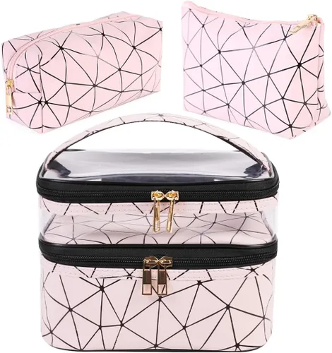 Miniatura 16 de FITINI 3 piezas de bolsas de maquillaje de doble capa, organizador de grandes estuches de cosméticos de viaje, bolsas de aseo impermeables, pequeña
