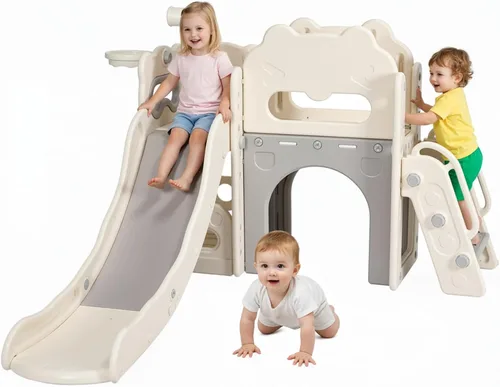 Arlopu Juego de toboganes 8 en 1 para niños, tobogán de bebé para interiores y exteriores con aro de baloncesto, telescopio y espacio de Rojo y azul