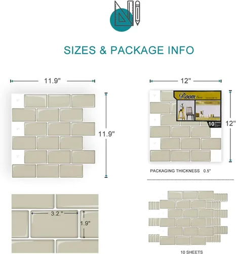 Miniatura 4 de 10 hojas adhesivas para baldosas, pegar y despegar para salpicaduras 12"x12