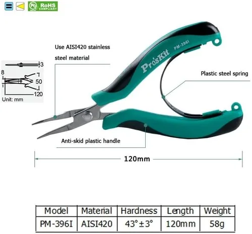 Miniatura 4 de PM-396I AISI420 Alicates de nariz doblada de acero inoxidable Alicates de alambre de joyería Herramienta de mango