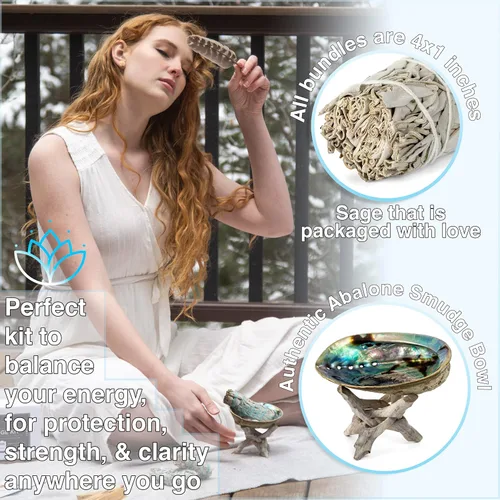 Miniatura 3 de Kit de manchas de salvia ~ 6 paquetes de salvia blanca de 4 pulgadas ~ 6 palitos de Palo Santo de 4 pulgadas ~ Carcasa de abulón de 5-6 pulgadas