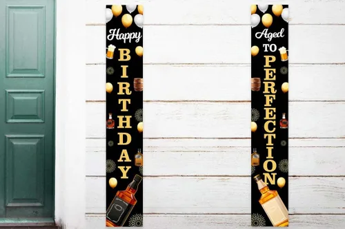 Miniatura 4 de Cartel retro de feliz cumpleaños y envejecido a la perfección con temática de whisky negro y dorado, decoraciones para puerta delantera, porche