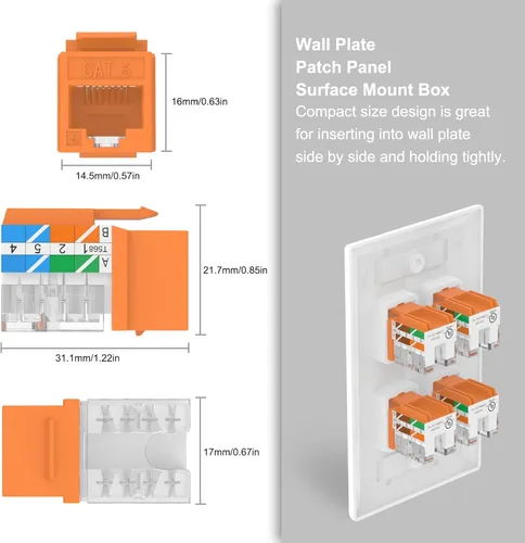 Miniatura 4 de VCE Conector Keystone Cat6 RJ45 con certificación UL, paquete de 25, adaptador de conector Keystone de presión de 90 grados, perfil delgado, naranja