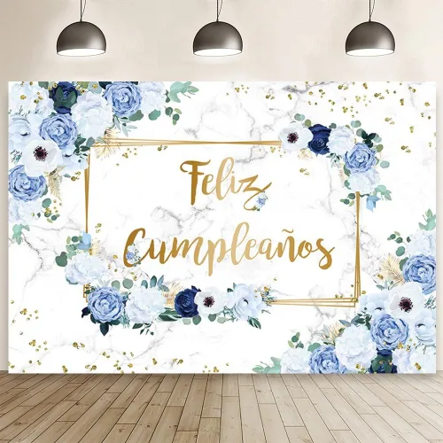 Miniatura 11 de MEHOFOND Telón de fondo de feliz cumpleaños de 7 x 5 pies, flores azules y blancas, fondo de fotografía de cumpleaños para niñas, puntos geométricos
