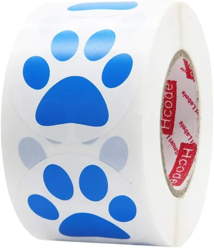 Hcode Calcomanías redondas de 1.5 pulgadas con estampado de pata de oso azul, 500 unidades por rollo (1 rollo, azul)