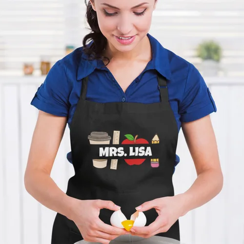 Miniatura 5 de shop4ever Delantal personalizado con nombre de profesor de café, manzana, con bolsillos, regalo personalizable para profesores de arte, niños, Negro