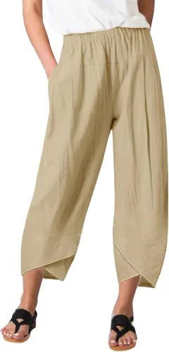 Pantalones capri para mujer, clásicos, cintura elástica, pierna ancha, pantalones ligeros holgados con bolsillos, Caqui