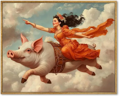 Arte de pared de mujer victoriana, clásico ecléctico antiguo, impresiones divertidas de cerdo, lienzo retro surrealista, arte de pared de animales