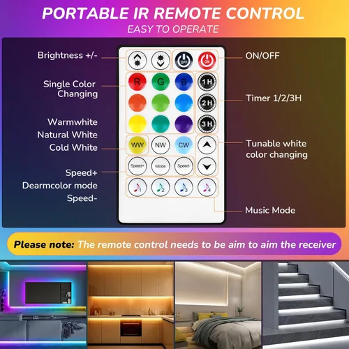 Miniatura 4 de RGBWW+IC - Tira de luces LED de 50 pies, regulable multicolor + 3000K-6500K luces LED con control remoto y aplicación, cinta LED autoadhesiva