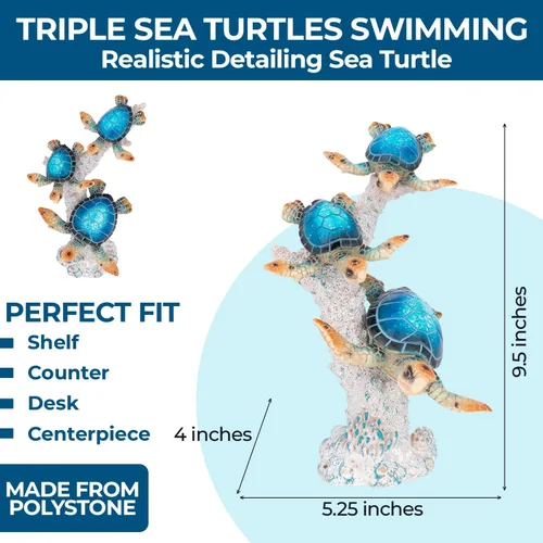 Miniatura 3 de Estatua de tortuga marina triples nadando sobre base de arrecife de coral, figura de polystone inspirada en el océano para decoración del hogar Azul