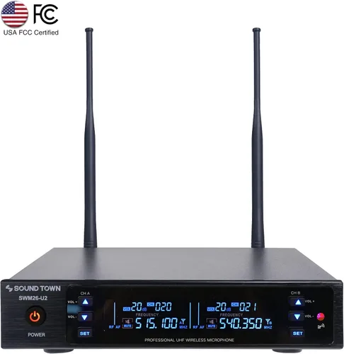 Miniatura 2 de Sound Town Sistema de micrófono inalámbrico UHF de metal de 200 canales con 1 micrófono de mano, 1 micrófono de solapa y escaneo automático