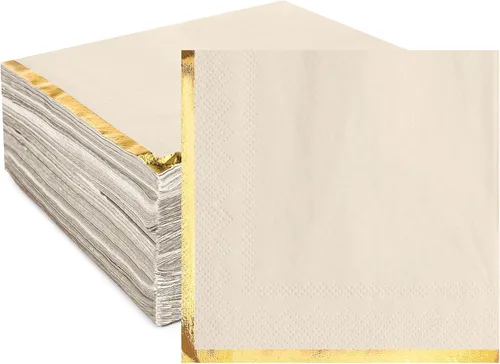 Fulmoon Paquete de 100 servilletas de cóctel de papel de 2 capas con borde de lámina dorada para bebidas, postre, servilletas de papel desechables,