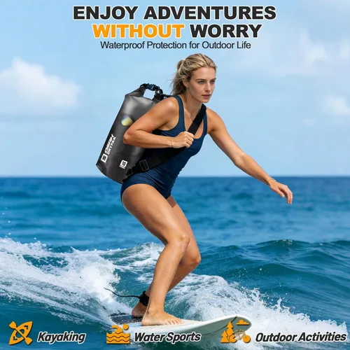 Miniatura 8 de Bolsa seca impermeable, 5L/10L/20L/30L/40L Mochila de almacenamiento ligera con funda para teléfono para mujeres y hombres, saco impermeable Negro