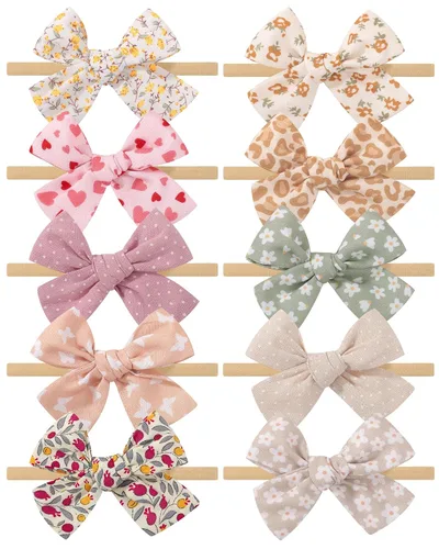 Miniatura 15 de doboi 10 diademas para bebé, lazos para el cabello, de nailon, algodón, lino, hechas a mano, accesorios para el cabello para recién nacidos, niñas