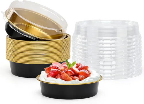 Beasea Paquete de 20 Moldes para Cheesecake con Tapas, 8 Oz, 4 Pulgadas Moldes Redondos de Papel de Aluminio para Tartas, Contenedor para Muffins
